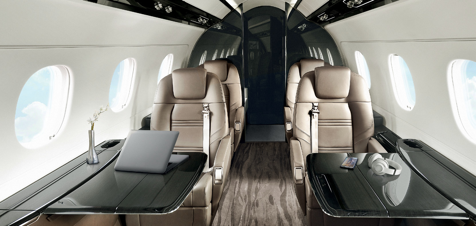 The interior cabin of an Embraer Praetor 500.